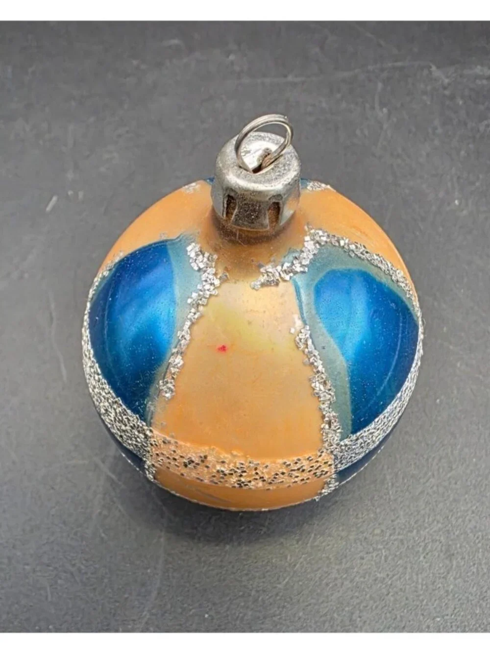 Vintage MCM Blue Gold & Mica Striped Mercury Glass Christmas Ornament